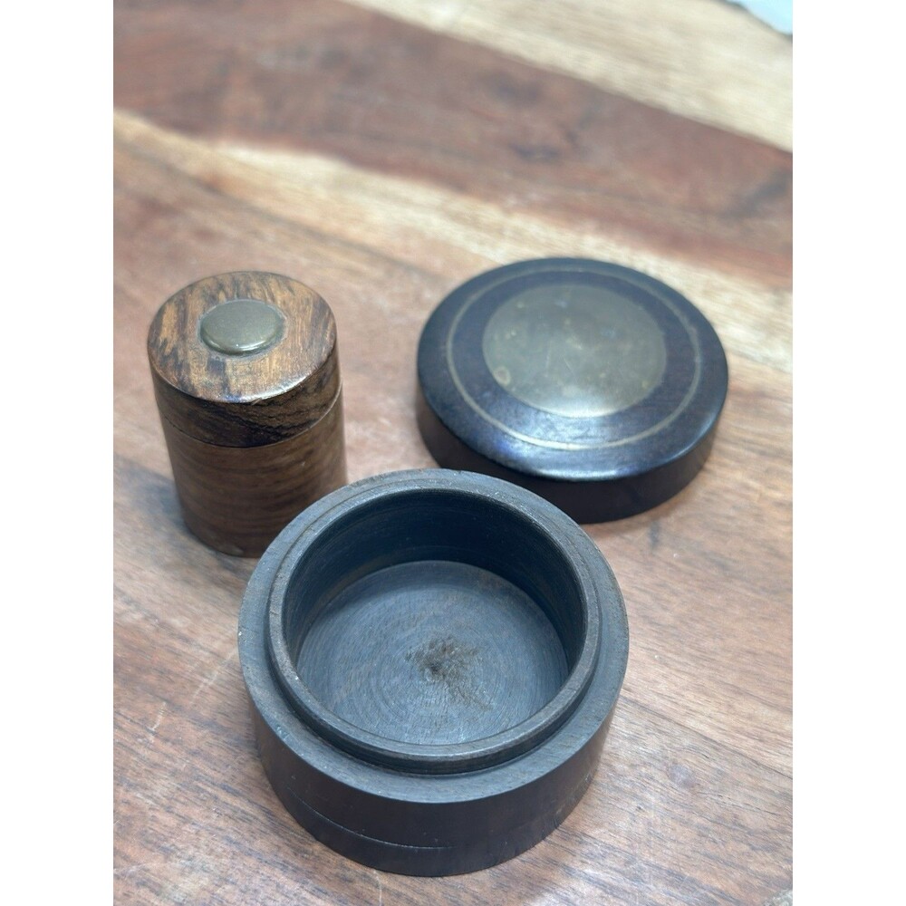 Treen Lidded Spice Pill Vanity Containers Storage Jars Turned Wood Brass Inlaid